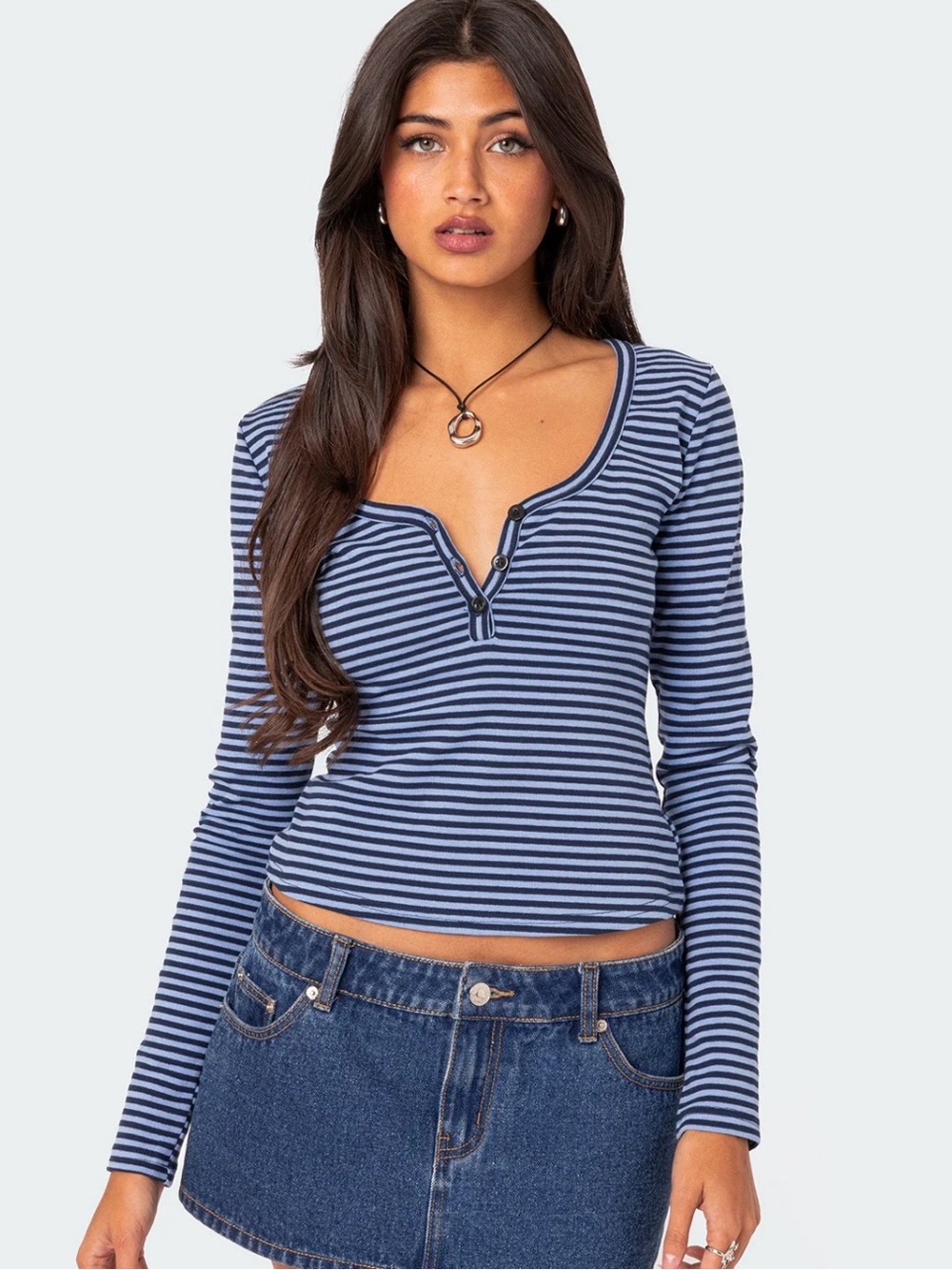 Edikted Jocelyn Navy and Light Blue Striped Henley Long Sleeve Top